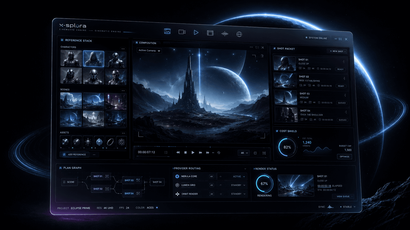 x-splora desktop cockpit with reference stack, composition viewport, shot packet, and cost shield