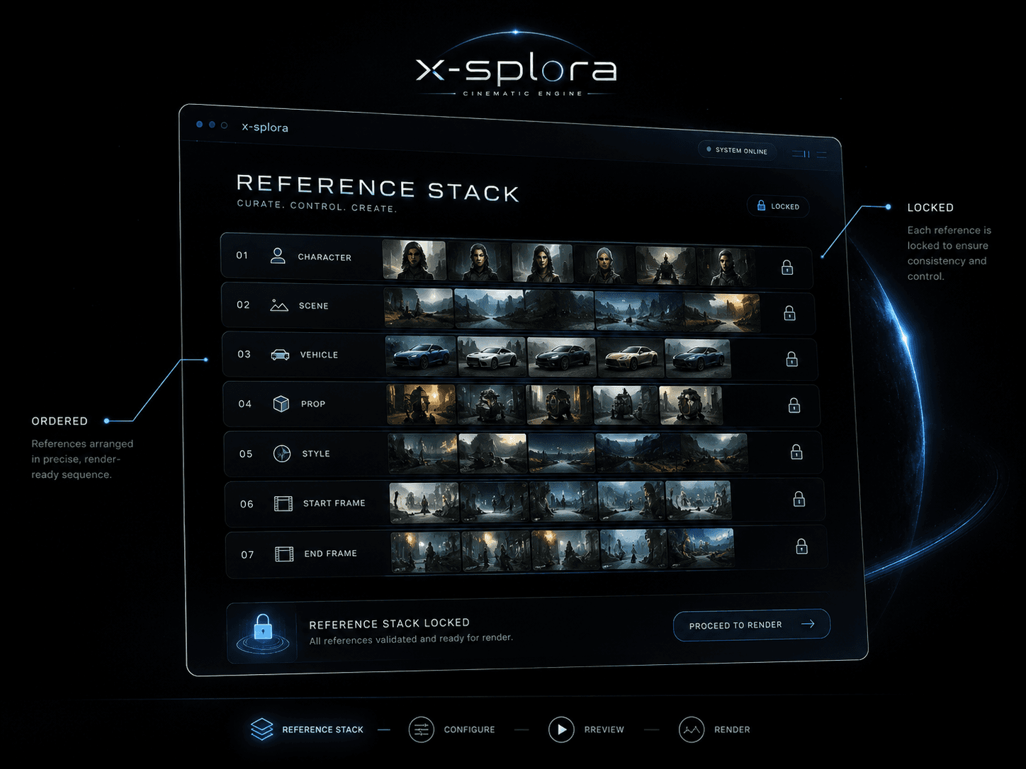 x-splora reference stack panel with locked character, scene, and prop rows