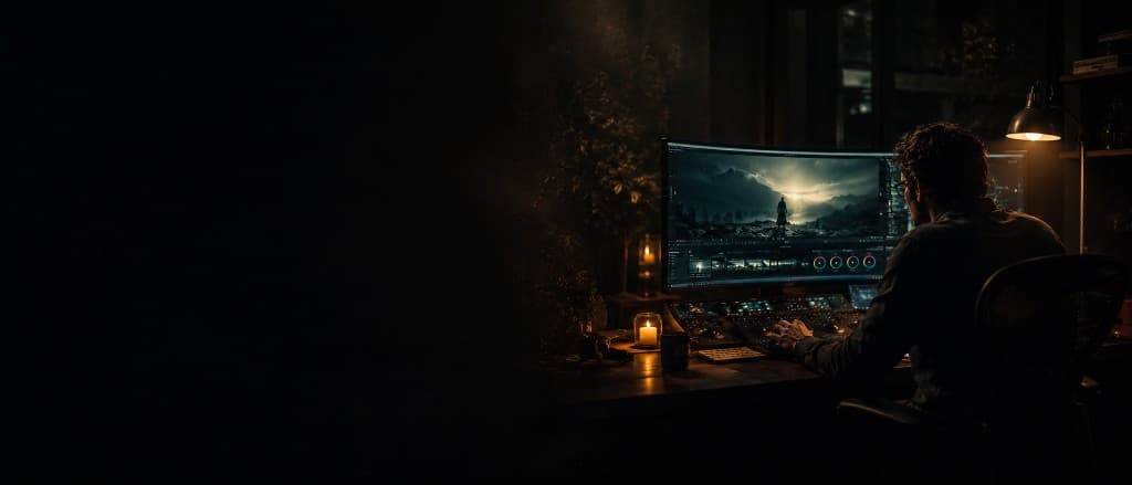 Film colorist grading a shot alone at night in a mastering suite